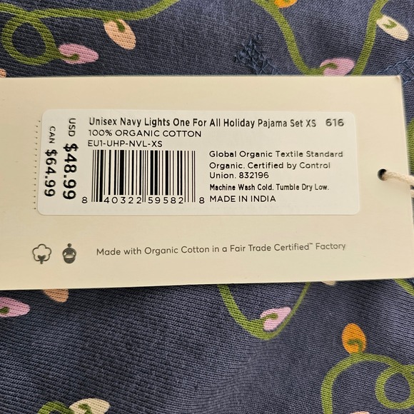 NWT Pact XS Navy Christmas Lights Pajama Set Organic Cotton Holiday Print Cozy - Picture 10 of 11